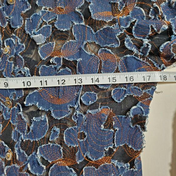 Mishca Women's Shirt Small Blue Denim Distressed Applique on Mesh Embroidered - Picture 8 of 12